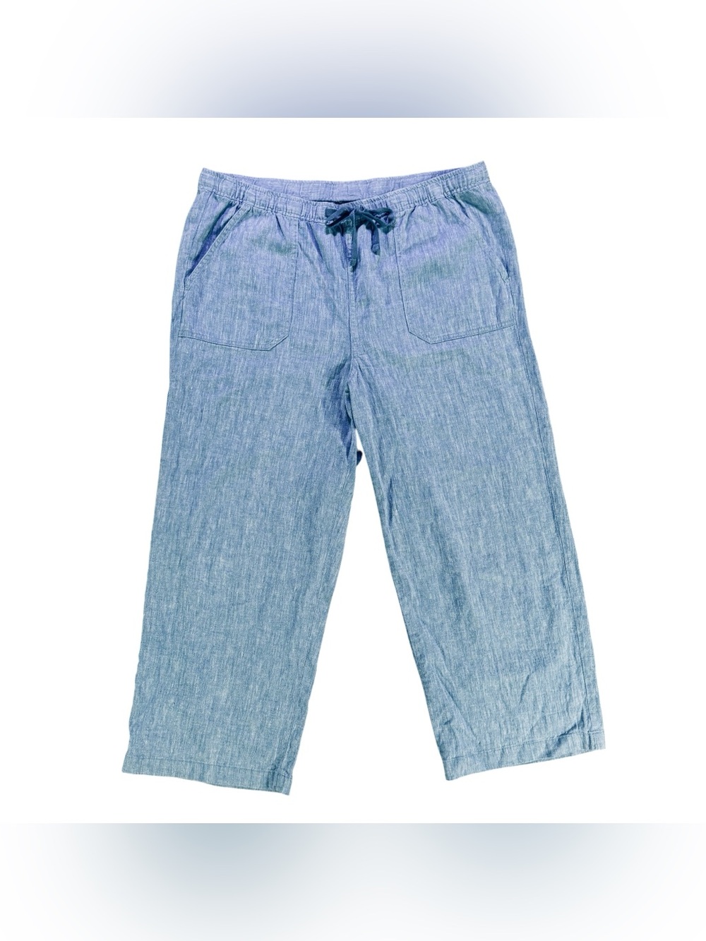 Eddie Bauer Women’s Large Hemp Blend Pull-On Crop Pants Blue Chambray Wide Leg